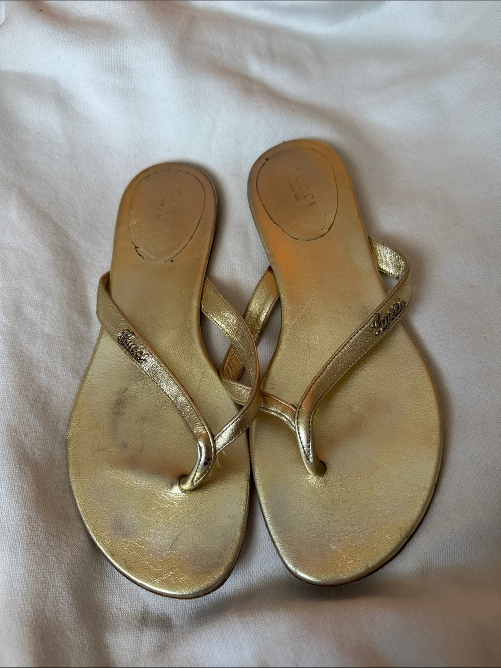 Metallic Gold Flip Flop Sandals - Logo on Strap